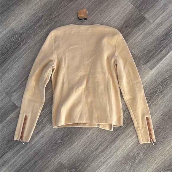 Lauren Ralph Lauren Brown Tan Knit Moto Cardigan Blazer Cotton Small Jacket - Picture 3 of 9